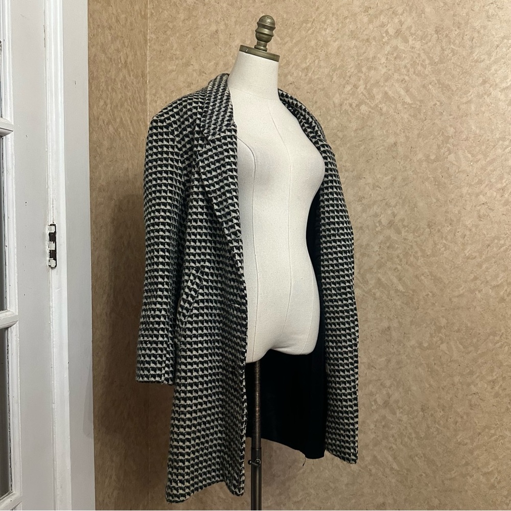 VTG 80s Black and White Tartan 100% Wool Long Peacoat Jacket Trench Coat
